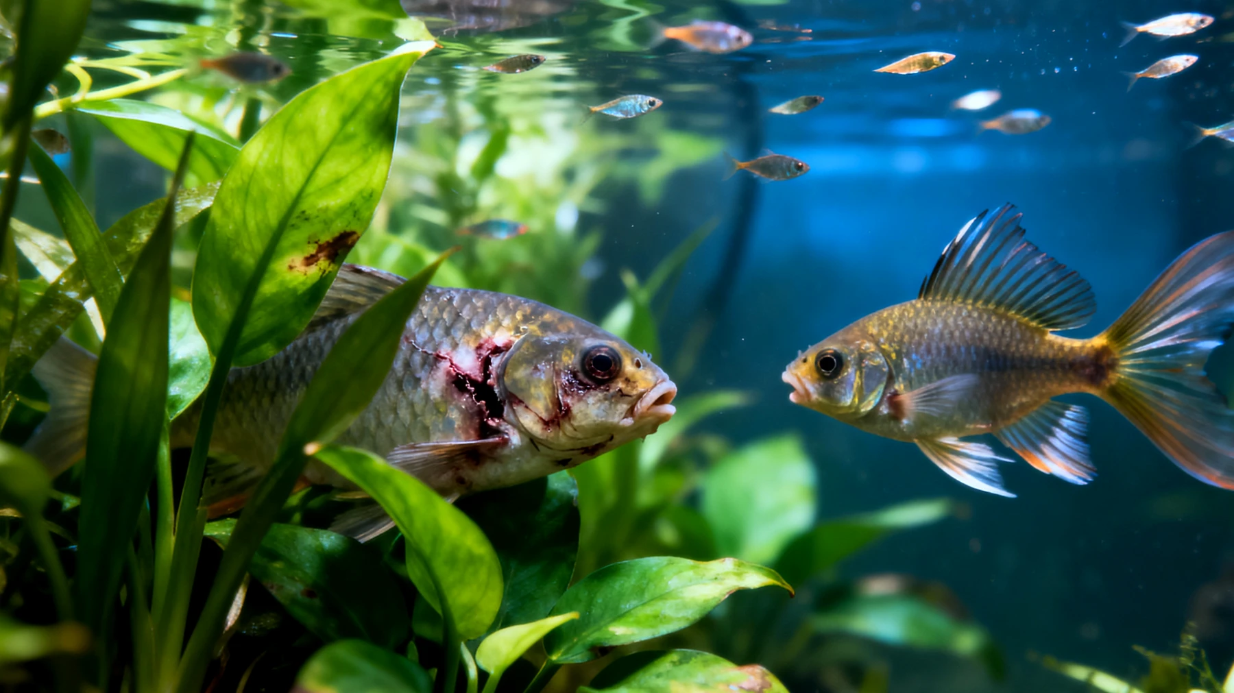 Fische zeigen aggressives Verhalten gegenüber anderen Aquarienbewohnern, was zu Verletzungen, Stress und gestörter Aquarienharmonie führen kann"