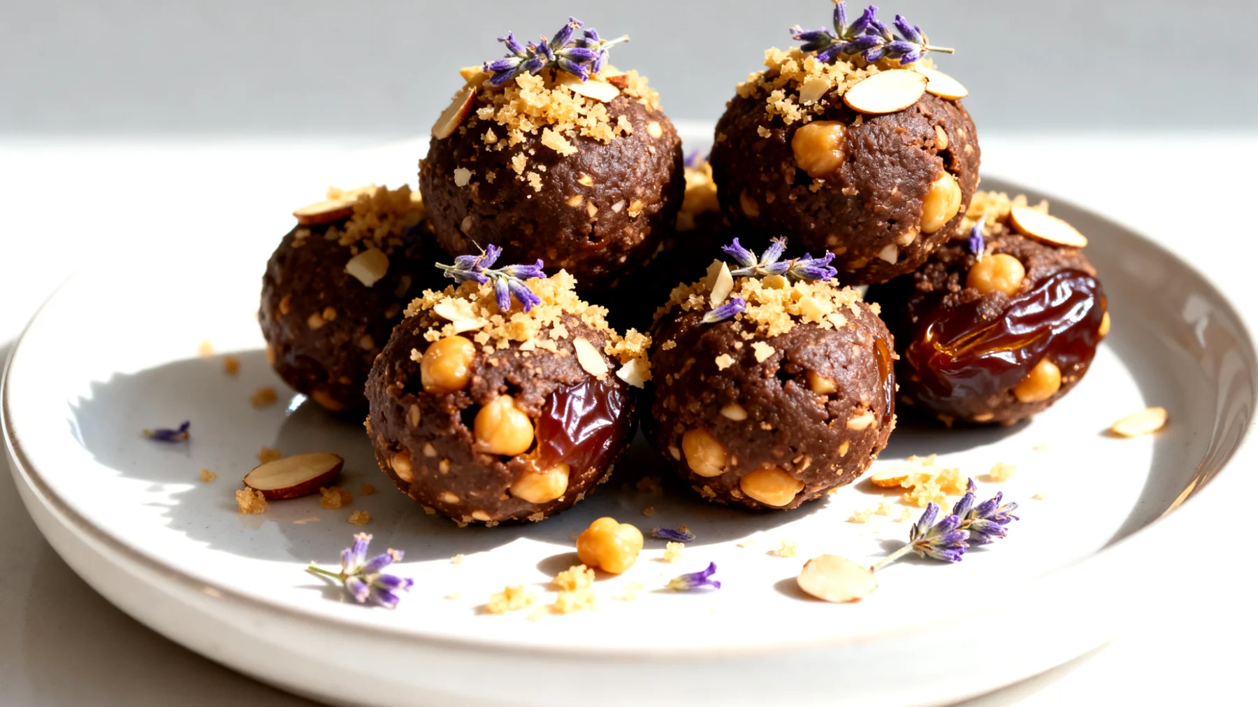 Kichererbsen-Kakao-Energie-Bällchen (mit Datteln, Mandeln und Lavendel)"