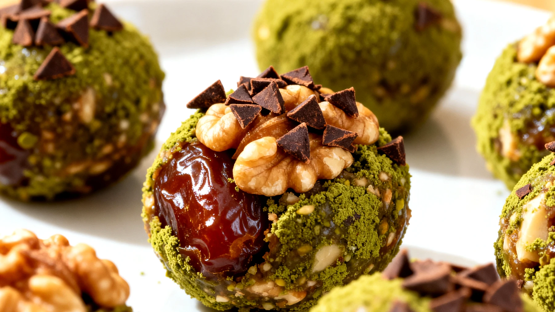 Walnuss-Matcha-Energiekugeln mit Datteln und Kakao-Nibs"