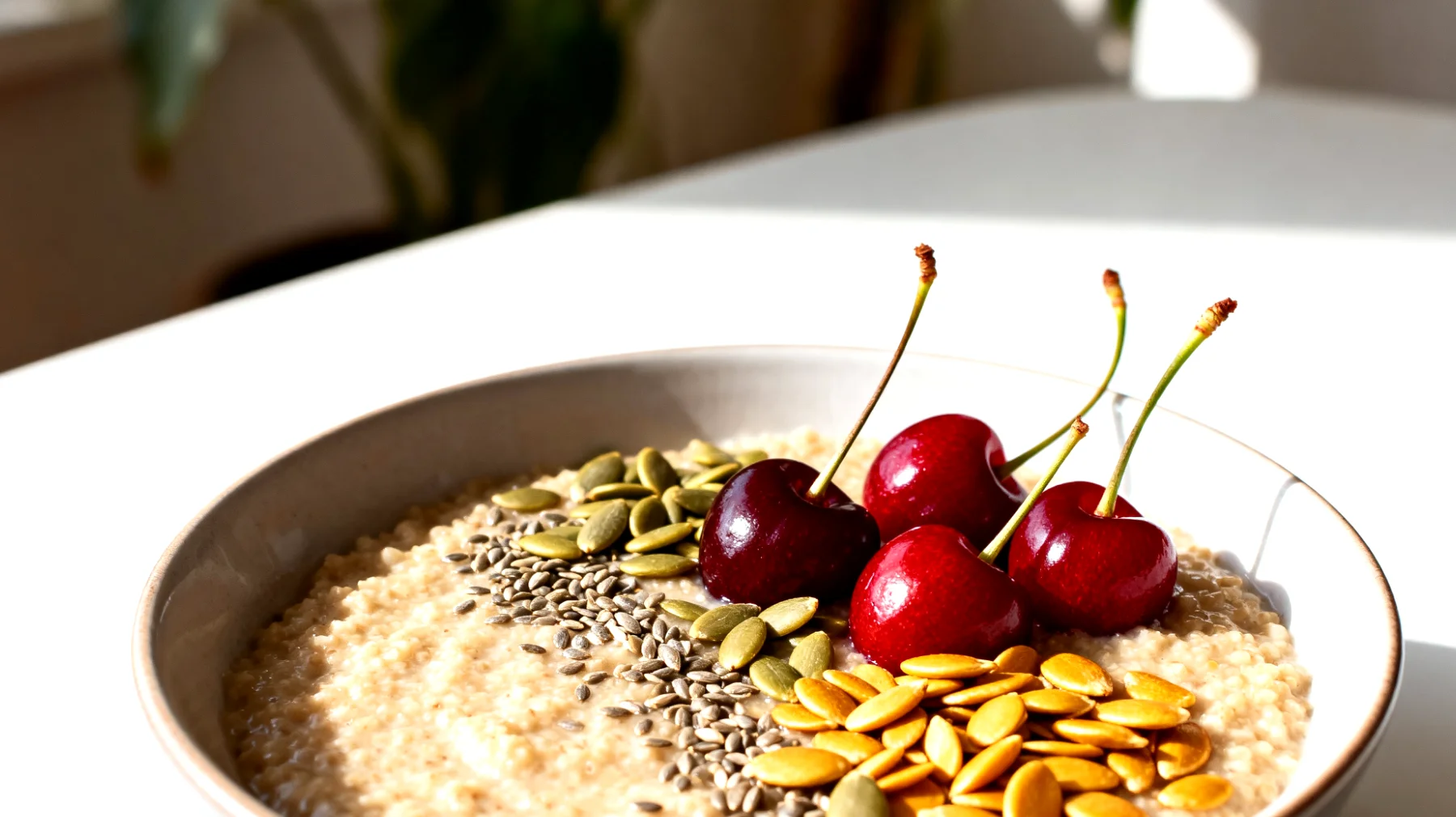 Amaranth-Porridge mit Hanfsamen, Kirschen und Kürbiskernen"