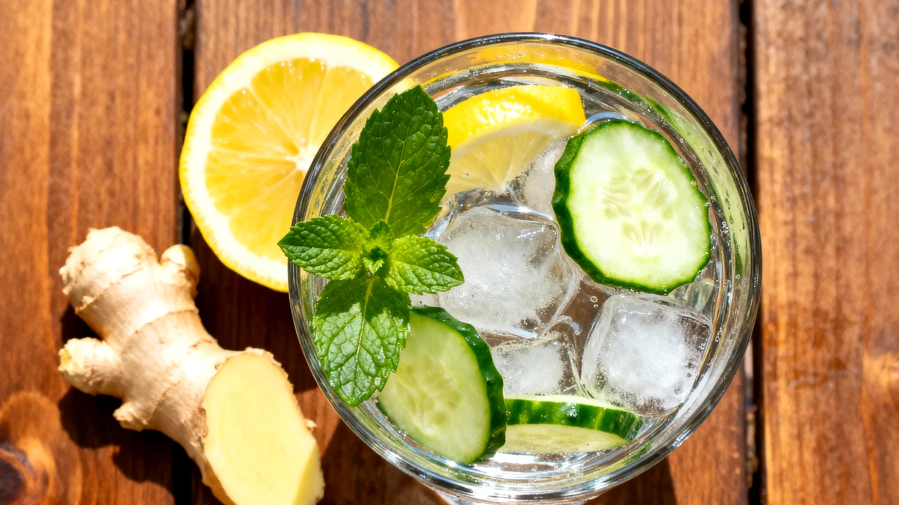 Gurkenwasser mit Ingwer, Zitrone und frischen Minzblättern (kalter Aufguss)"