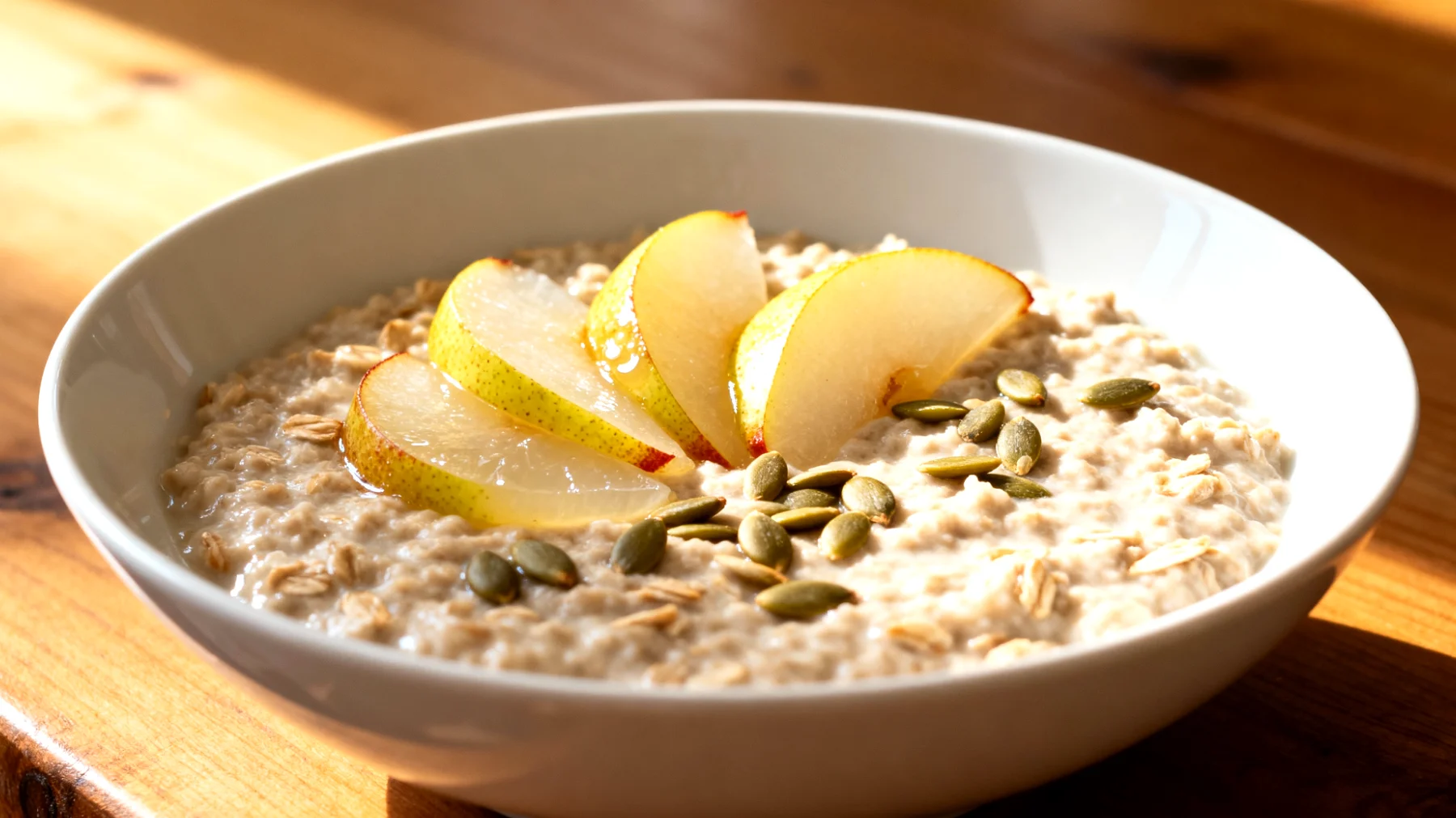 Haferkleie-Porridge mit fermentierten Birnen und Kürbiskernen"